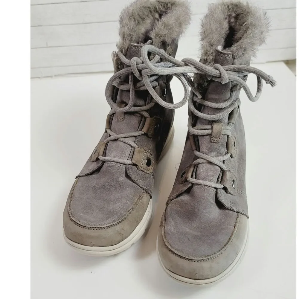 Sorel Explorer Joan Shearling Waterproof Suede Leather Bootie in Gray, sz 9.5